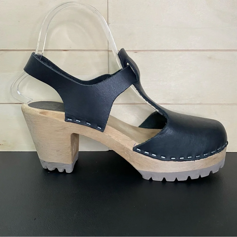 Mia Madeline Swedish Clogs Women's Size 7.5 Shoes EU38 Black Leather Wooden - Picture 3 of 11